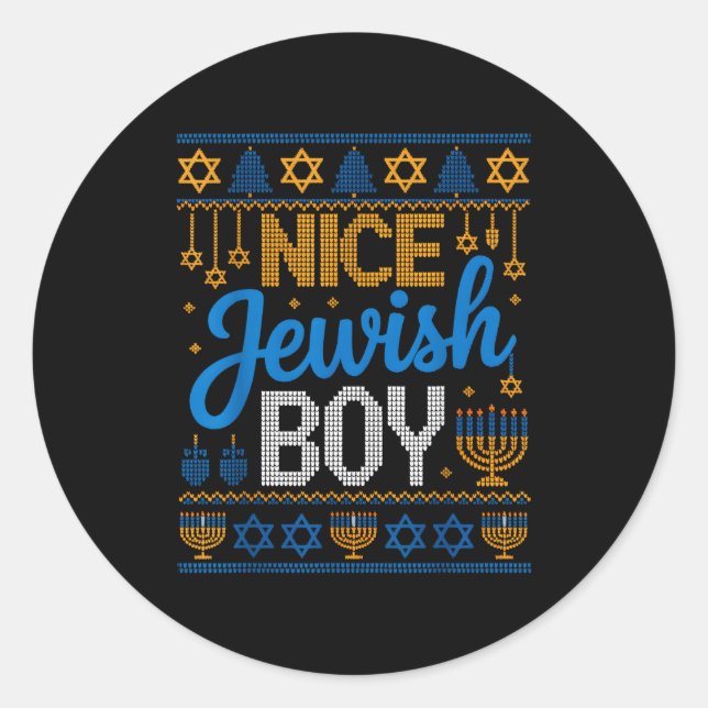 Sticker Rond Nice Jewish Boy Hanukkah Menorah Dreidel Ugly Swea (Devant)
