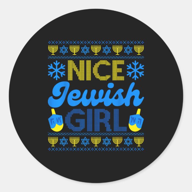 Sticker Rond Nice Jewish Girl Ugly Happy Hanukkah Sweater Chanu (Devant)