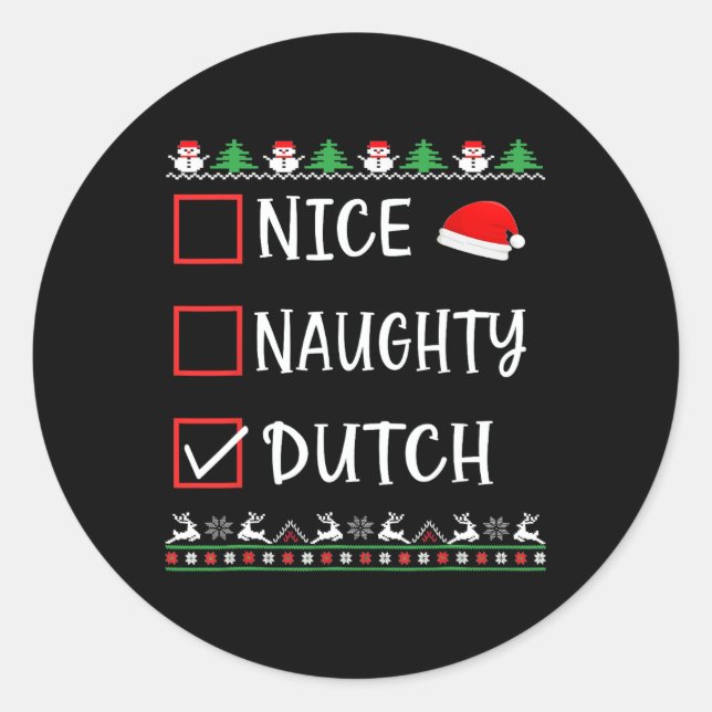 Sticker Rond Nice Naughty Dutch Fun Ugly Christmas List Pyjamas (Devant)
