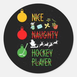 Sticker Rond Nice Naughty Joueur de hockey Liste Noël Père Noël