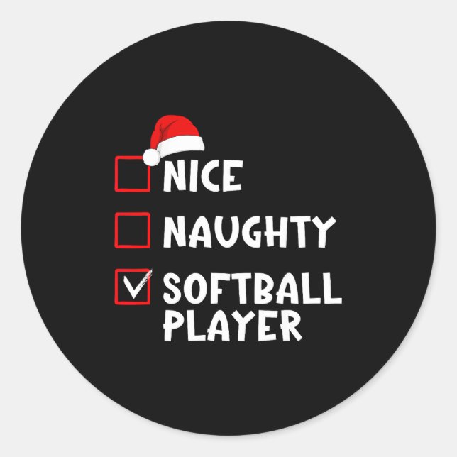 Sticker Rond Nice Naughty Softball Player Funny Christmas List  (Devant)