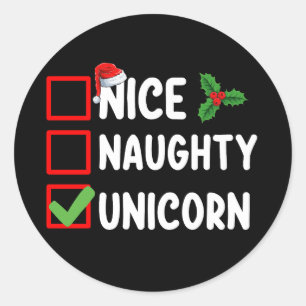 Sticker Rond Nice Naughty Unicorn Liste de Noël