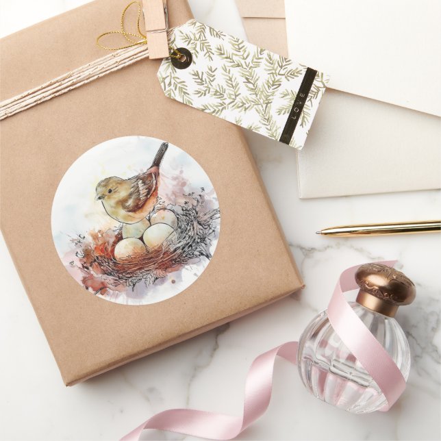 Sticker Rond Nid d'aquarelle usé (Cadeaux)