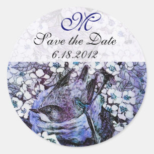 Sticker Rond NID OISEAU Enregistrer La Date Monogramme, Bleu Bl