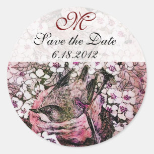 Sticker Rond NID OISEAU Enregistrer La Date Monogramme, Rose Bl