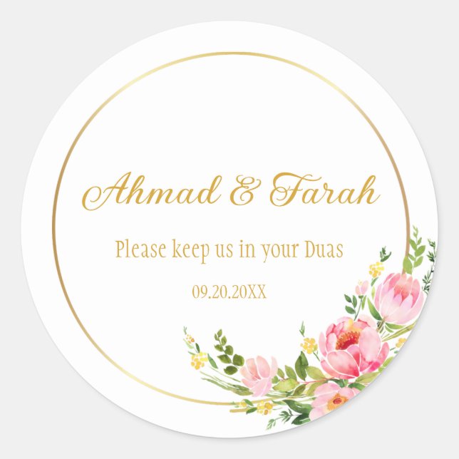 Sticker Rond Nikkah Shaadi Mariage Islamique Floral Personnalis (Devant)