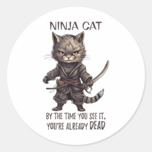 Sticker Rond Ninja Cat, Japonais Samurai Kawaii Cat Tattoo Funn