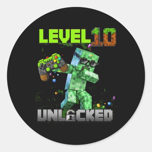 Sticker Rond Niveau 10 déverrouillé - Anniversaire Garçon Pixel (Devant)