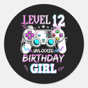 Sticker Rond Niveau 12 Débloqué Jeu Vidéo Fille d'anniversaire 