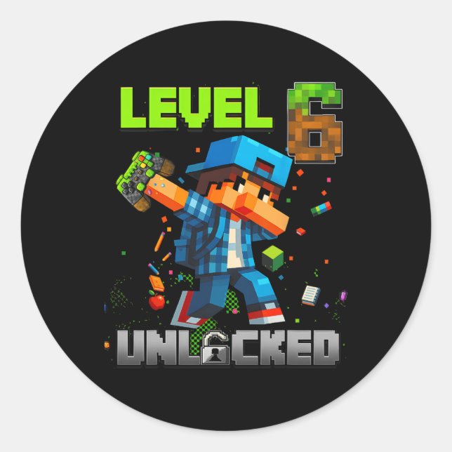 Sticker Rond Niveau 6 Débloqué Drôle Anniversaire Garçon Pixel  (Devant)