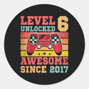 Sticker Rond Niveau 6 Déverrouillé Jeu vidéo Vintage 6e anniver