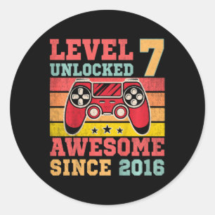Sticker Rond Niveau 7 Déverrouillé Jeu vidéo Vintage 7e anniver
