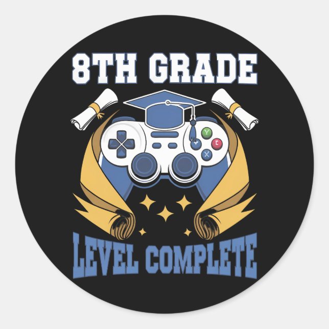 Sticker Rond Niveau 8e année Diplômé de jeu vidéo complet (Devant)