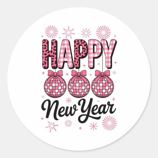 Sticker Rond Nk Happy New Year Disco Ball Leopard For Women Gir (Devant)