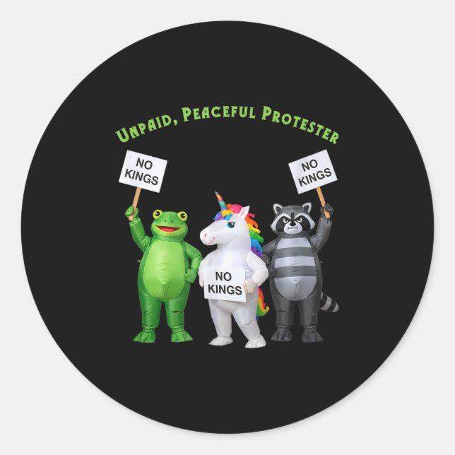Sticker Rond No Kings Unpaid Peaceful Protester Frog And Unicor (Devant)
