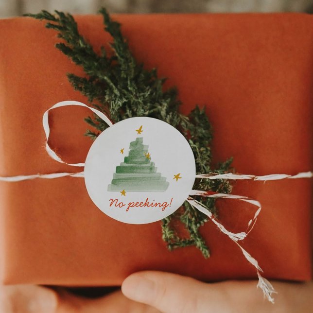 Sticker Rond No Peeee Starlit Aquarelle Arbre de Noël (No Peeking Starlit Watercolor Christmas Tree Classic Round Sticker)