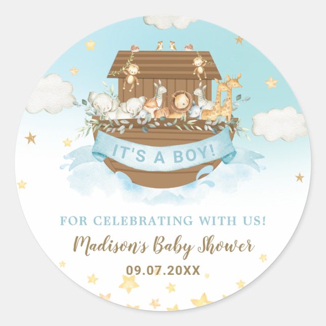 Sticker Rond Noah's Ark Cute Animaux Baby shower Garçon Bleu (Devant)