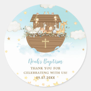 Sticker Rond Noah's Ark Cute Animaux Bleu Garçon Baptême Faveur