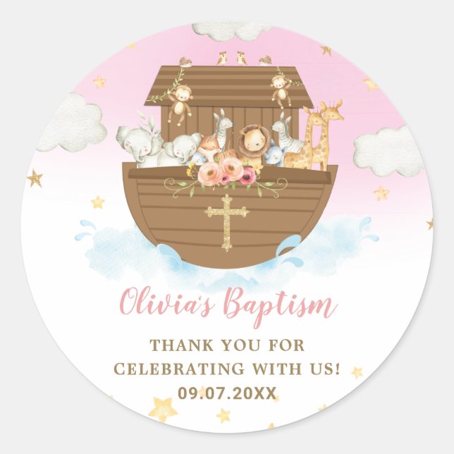 Sticker Rond Noah's Ark Cute Animaux Fille Baptême Christening (Devant)