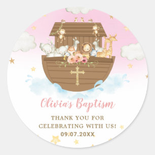 Sticker Rond Noah's Ark Cute Animaux Fille Baptême Christening