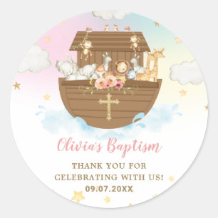 Sticker Rond Noah's Ark Cute Animaux Fille Baptême Christening