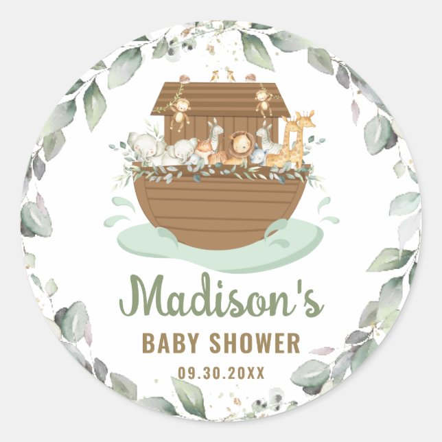 Sticker Rond Noah's Ark Greenery Neutral Boy Girl Baby shower (Devant)