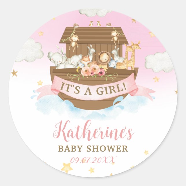 Sticker Rond Noah's Ark Rose Animaux Fille Baby shower Faveur (Devant)
