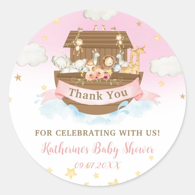 Sticker Rond Noah's Ark Rose Animaux Fille Baby shower Merci (Devant)