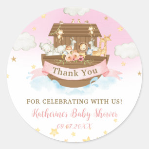 Sticker Rond Noah's Ark Rose Animaux Fille Baby shower Merci