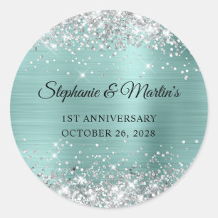 Sticker Rond Noces Argent Pâle Turquoise Anniversaire de Mariag