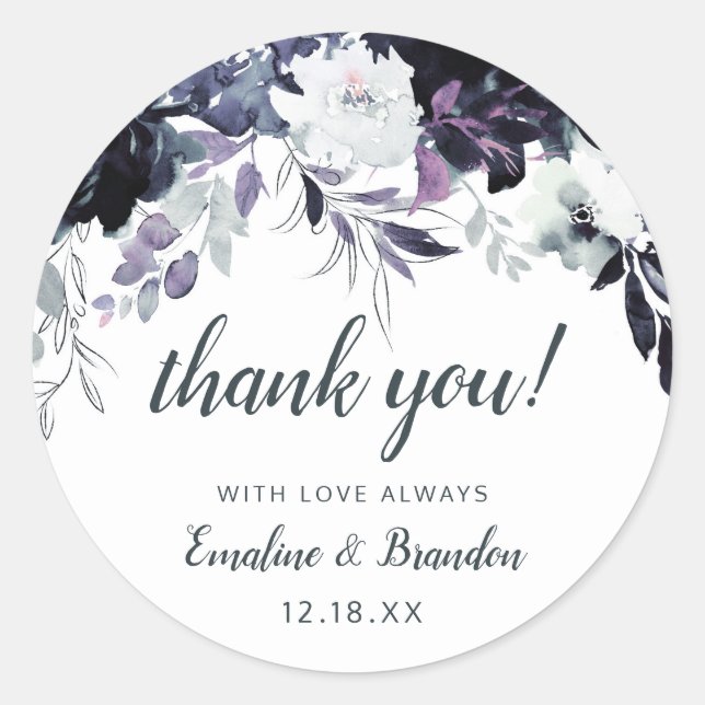 Sticker Rond Nocturne Floral Marine Mariage bleu Merci (Devant)