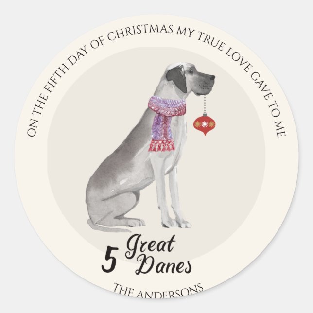 Sticker Rond Noël 12 chiens de Noël jour de 12 jours cinquième (Devant)