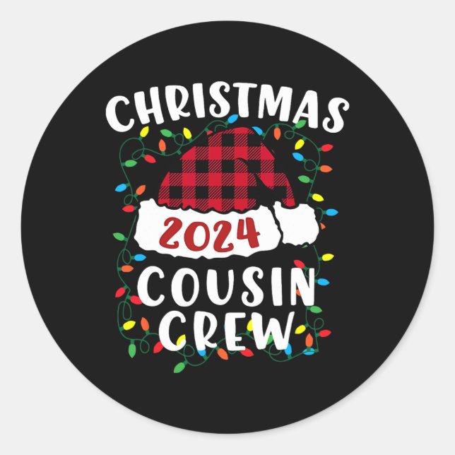 Sticker Rond Noël 2024 Cousin Crew Feux de Noël Santa Hat P (Devant)