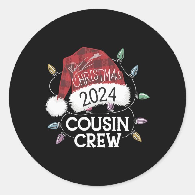 Sticker Rond Noël 2024 Cousin Crew Feux de Noël Santa Hat P (Devant)