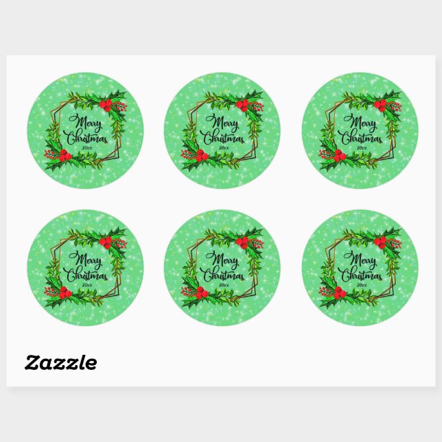 Sticker Rond Noël 20xx Holly Red Berries Vert moderne (Feuille)