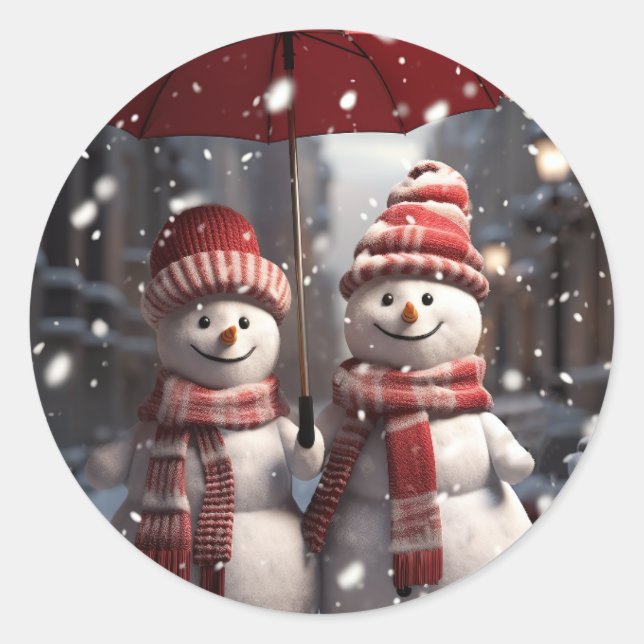 Sticker Rond Noël 2 Snowmen 1 Parapluie Couple de Neige (Devant)