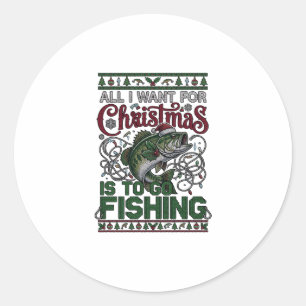 Sticker Rond Noël Aller à la pêche Poisson Chapeau de Père Noël