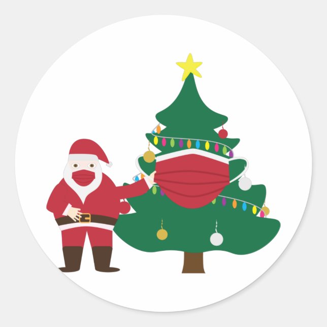 Sticker Rond Noël amusant 2020 Père Noël et arbre décoré (Devant)