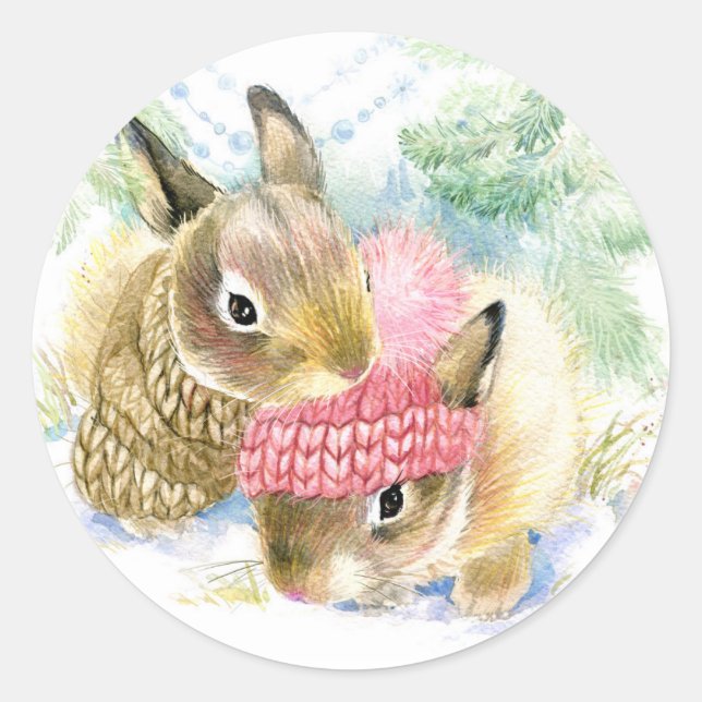 Sticker Rond Noël | Aquarelle - Bunnies de forêt d'hiver (Devant)