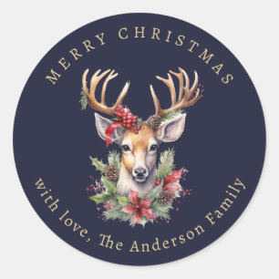Sticker Rond Noël aquarelle Renne Baies de houx