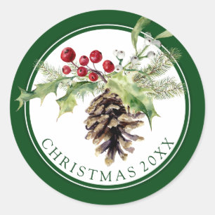 Sticker Rond Noël Aquarelle - Vintage Holly & Pinecone