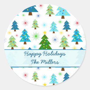 Sticker Rond Noël Arbres de Noël Starbursts Festive Bleu