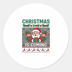 Sticker Rond Noël arrive Père Noël Elfes Rennes