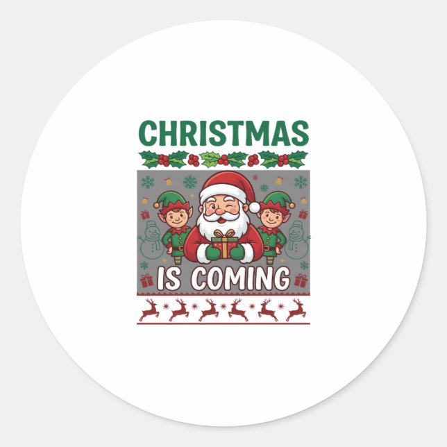 Sticker Rond Noël arrive Père Noël Elfes Rennes (Devant)