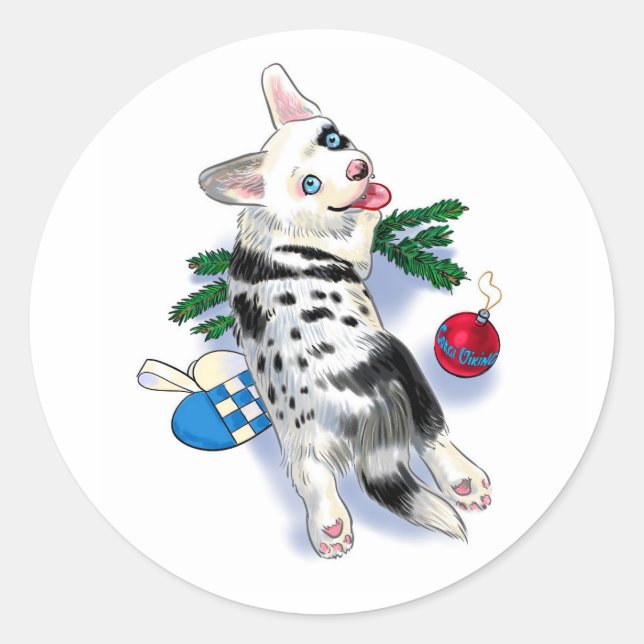 Sticker Rond Noël au chiot mignon (Devant)