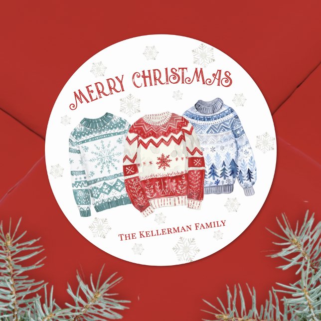 Sticker Rond Noël au pull moche (Festive Ugly Sweater Merry Christmas Classic Round Sticker)