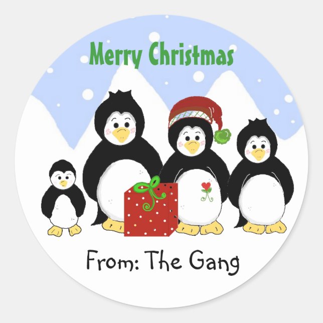 Sticker Rond Noël avec les pingouins de notre part (Devant)