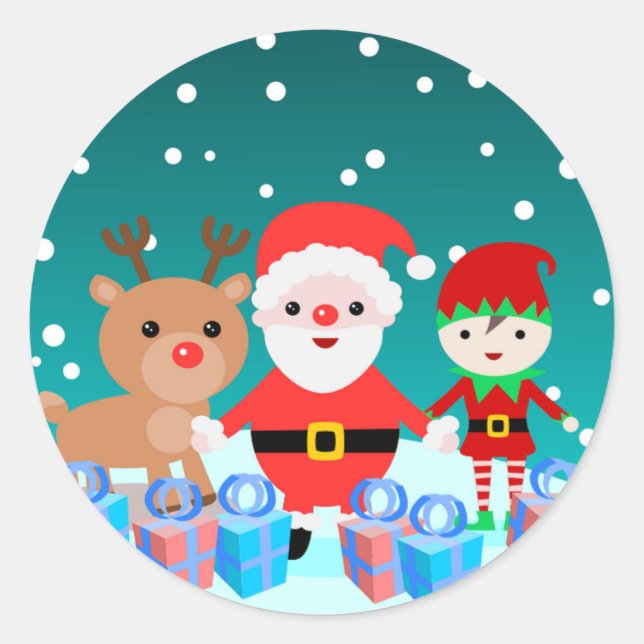 STICKER ROND NOËL AVEC PÈRE NOËL ET SES AMIS (Devant)