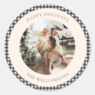 Sticker Rond Noël avec photo personnalisée à carreaux gingham n