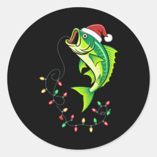 Sticker Rond Noël Bass Fish Santa Chapeau Lumières Pêche Xmas